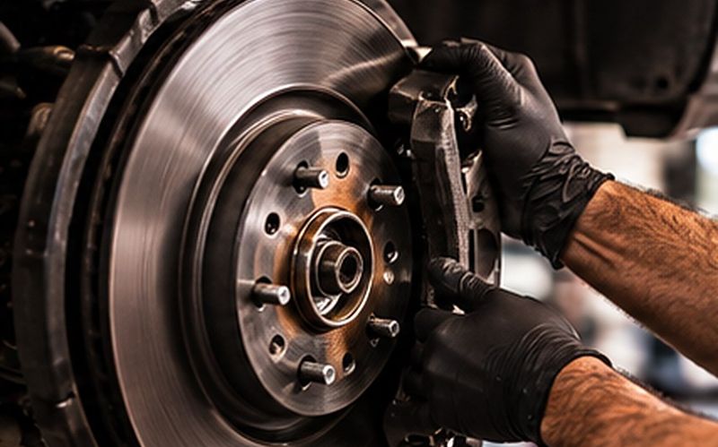 Brake rotor and caliper being checked by a technician